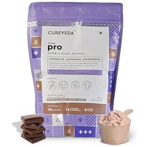 Cureveda PRO Super-3 Vegan Plant Protein powder with Superfood, Superseeds & Superberries | Chocolate (500gm)